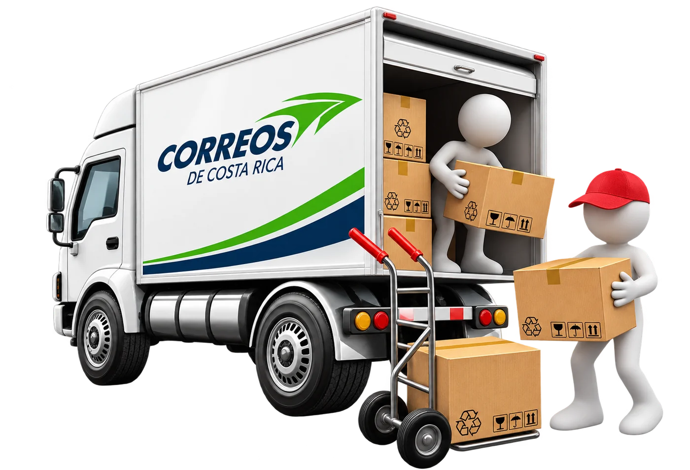 Camión de Correos de Costa Rica siendo cargado con cajas para entrega a domicilio